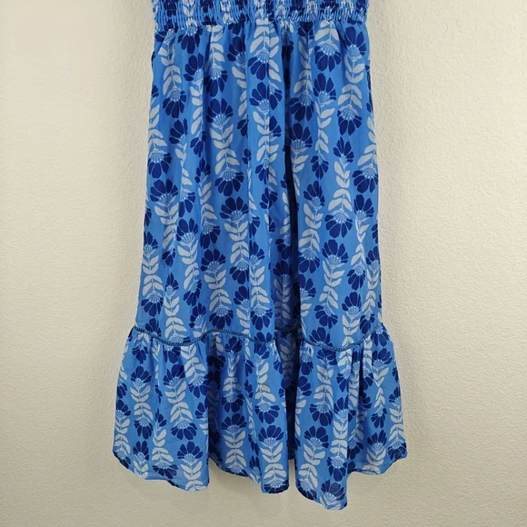 J. Marie Nwot The Luna Ruched Midi Floral Blue Dress Ruffle Sleeves Sz Medium - Picture 14 of 16